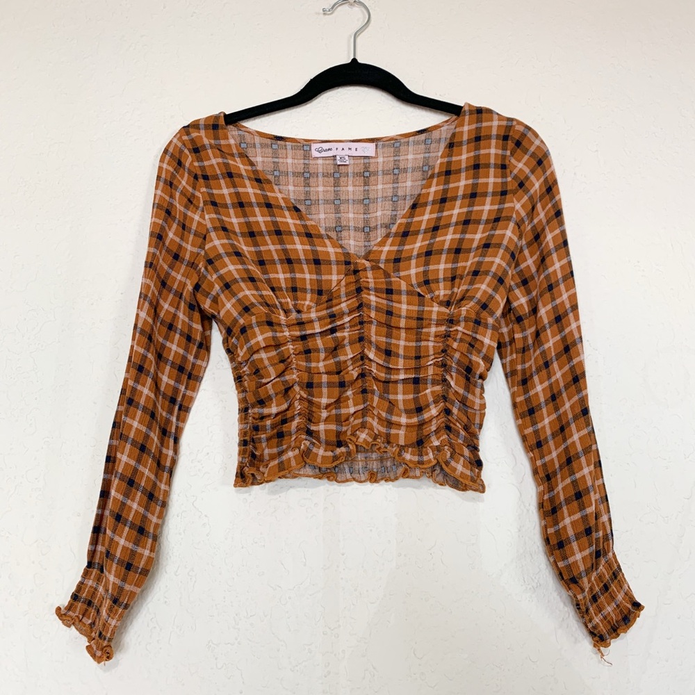 Crave Fame Brown Tan Puff Sleeve Crop Blouse